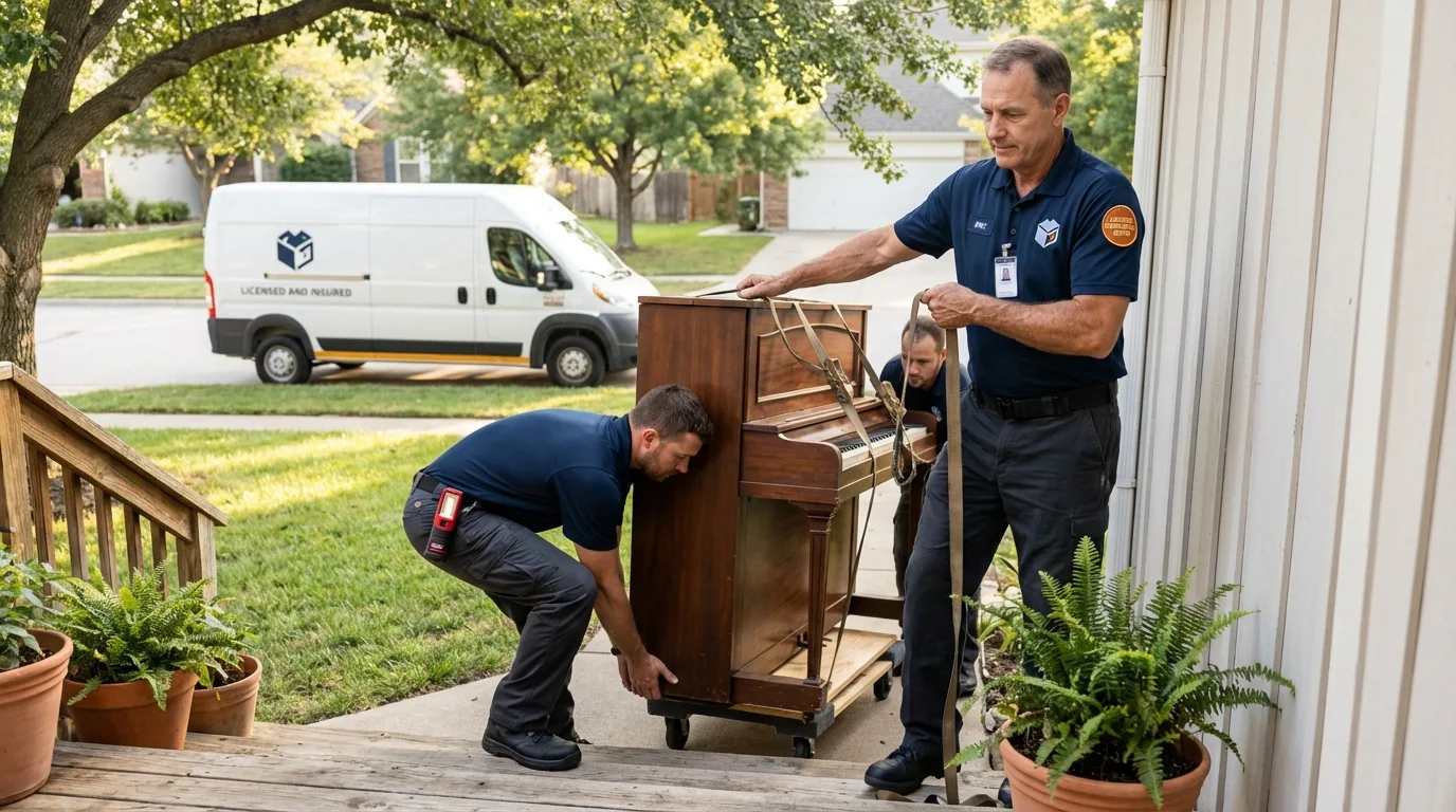 Licensed piano movers securing grand piano in Struthers, OH