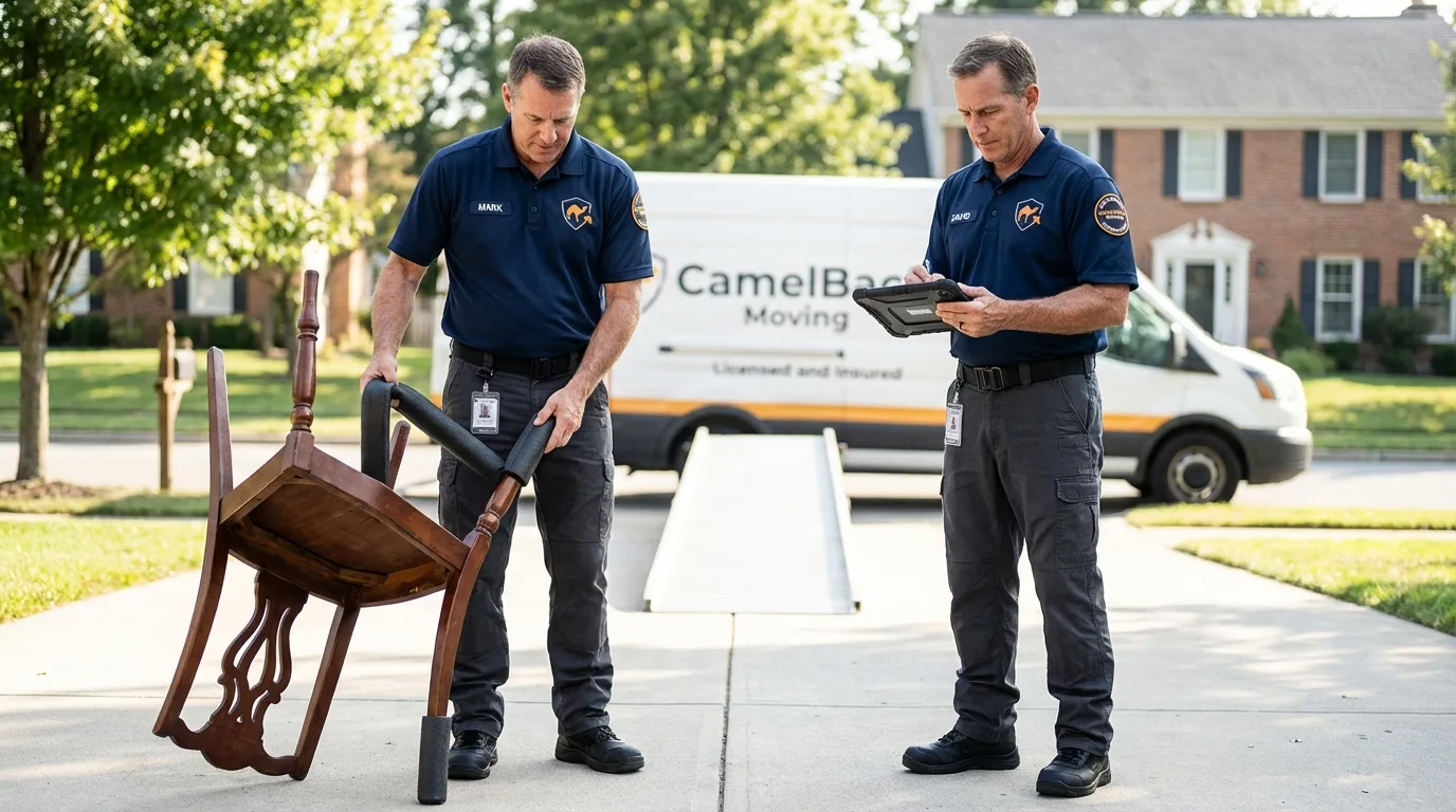 Movers inspecting furniture for damage prevention before loading in Struthers, OH