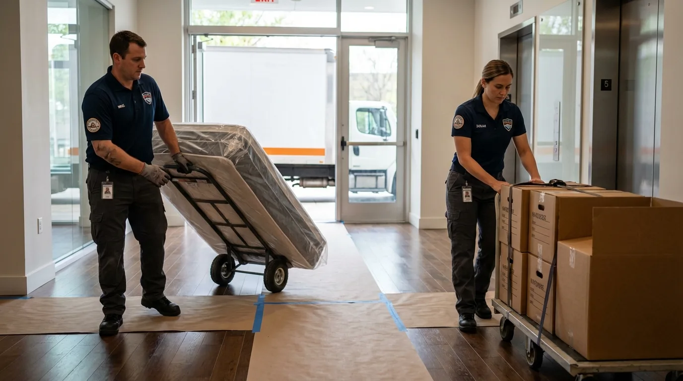 Professional apartment movers loading elevator in Struthers, OH